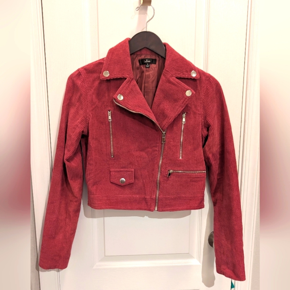 Lulu's Meet‎ Me in Midtown Corduroy Cropped Moto Jacket Fuchsia Size Small